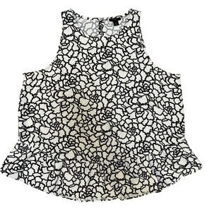 Ann Taylor Crepe Drop Waist Peplum White Shell Tank Blouse Black Floral L PETITE
